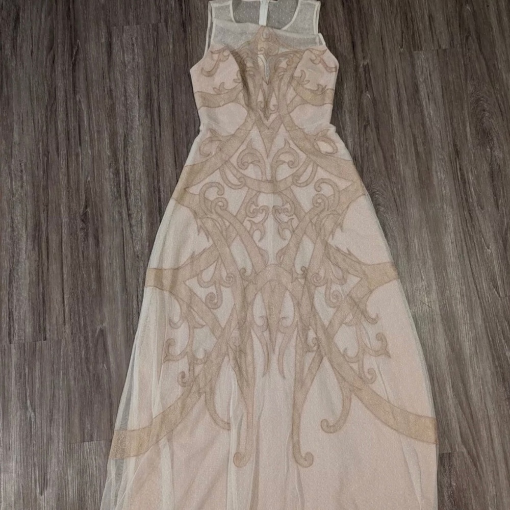 BCBGMAXAZRIA Acotas Lace-Appliqué Gown Dress Champagne Color Size 10 $498 - Picture 7 of 7